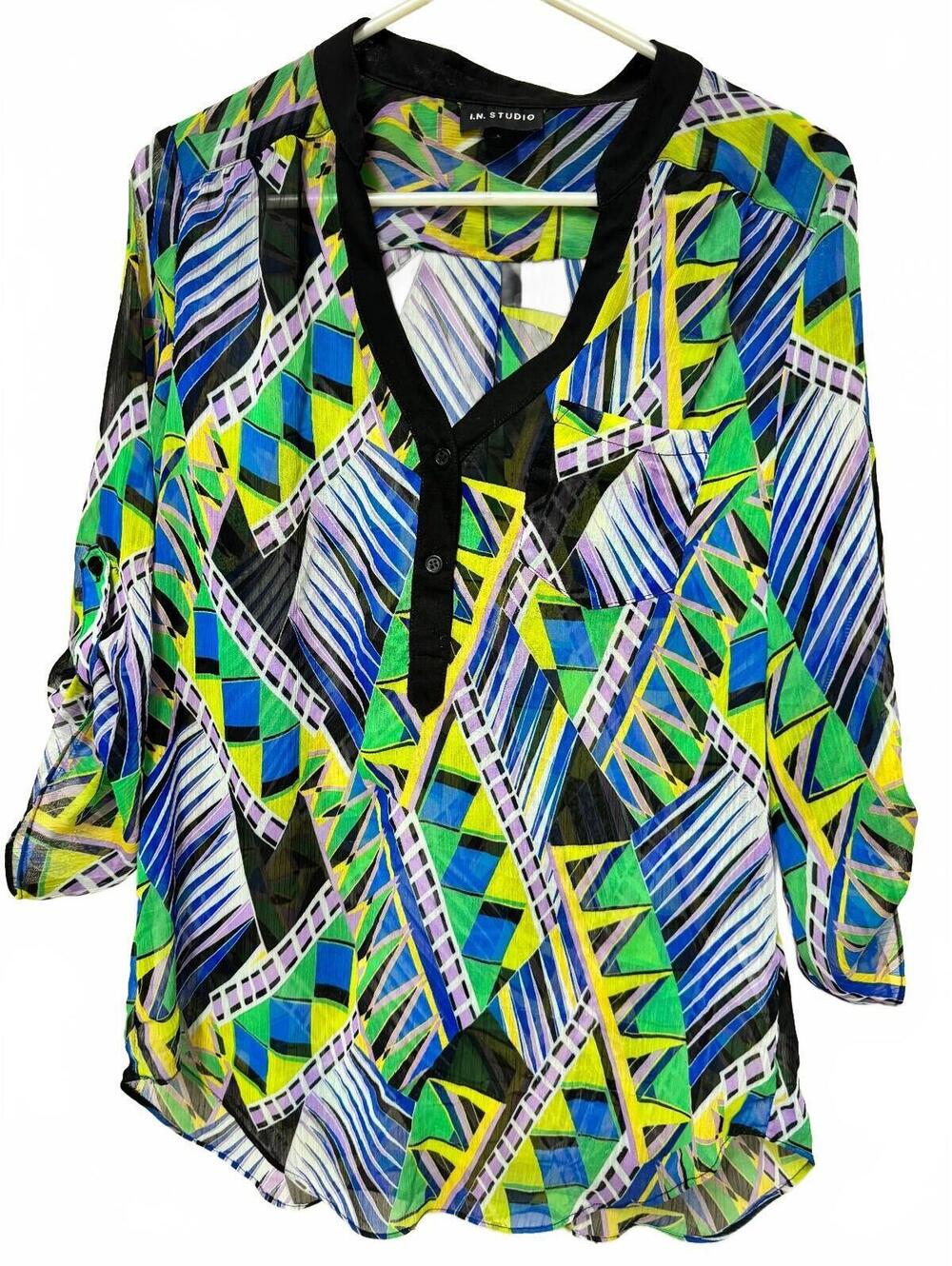 I.N. Studio Sheer Geometric Top Womens Large Roll Tab Sleeve Multicolor Blouse